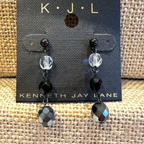 NWT Kenneth Jay Lane Earrings- black and clear glass faceted beads - Picture 3 of 6